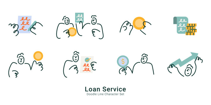 Loan Service. Line doodle people signing documents, exchanging coins and reviewing approved loan paperwork for finance concepts.