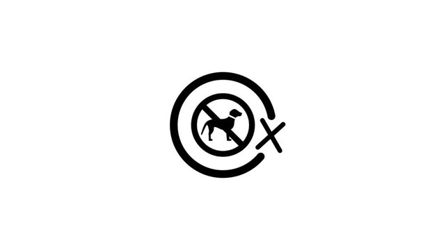 No dogs allowed sign animated with circle and cross on white background.