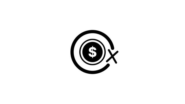 Minimalist graphic animation showing dollar coin inside circular frame with cross symbol.