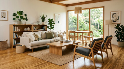 Fototapeta premium Modern living room with natural light and wooden furniture 1.