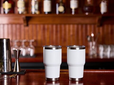 Tumblers made of stainless steel sit on a polished wooden bar counter in a professional beverage setting.