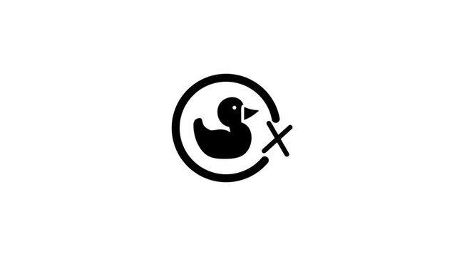 Animation of duck icon inside circular outline crossed out with X mark on white background.