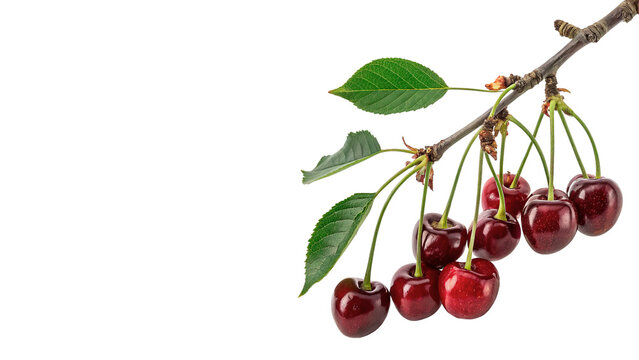 Branch of fresh ripe red cherry berries with leaves isolated on transparent background