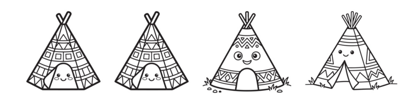 Kawaii teepee tent coloring page set, cute tribal wigwam vector illustrations with smiling faces, 4 ethnic dwelling line art icons