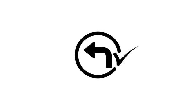 Animated left turn arrow icon with checkmark symbol appearing in black on white background.