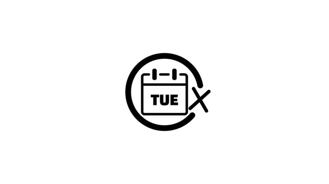Minimalist black calendar icon showing tuesday with cross mark on white background motion.