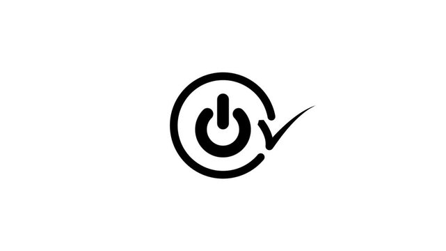 Power button with check mark symbol on white background, activation and confirmation.