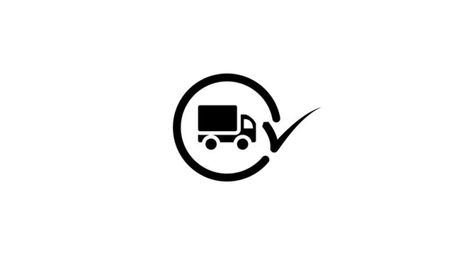 Shipping delivery truck icon animation with check mark symbol for fast logistics service.