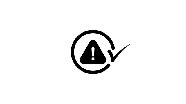 Warning triangle with exclamation mark and check mark symbol animation in circular frame.