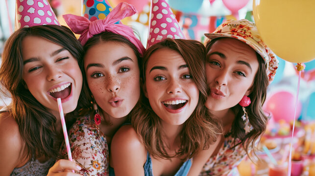 Four friends laughing and posing at a colorful birthday party with balloons and party hats