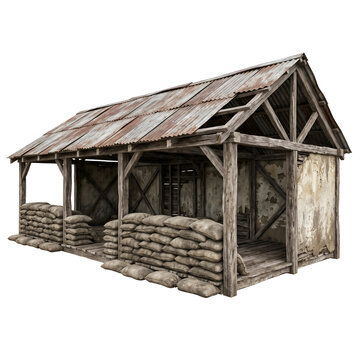 Rustic military outpost shed with sandbag walls isolated on transparent background