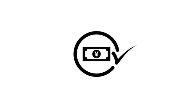 Verified currency transaction icon animation shows successful payment with yen symbol.