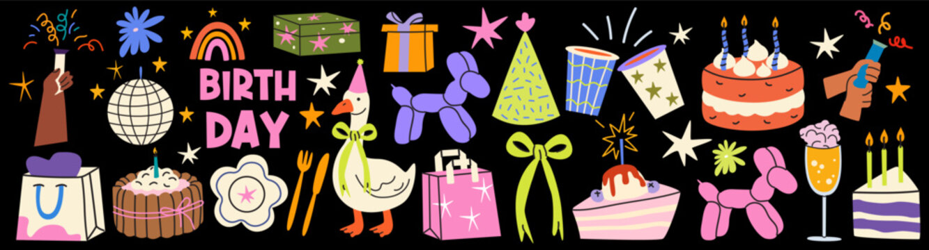 Big set of hand drawn birthday party elements in trendy cartoon groovy style. Cake, gift boxes, balloon animals, party hats, disco ball and sweets. Retro happy birthday stickers