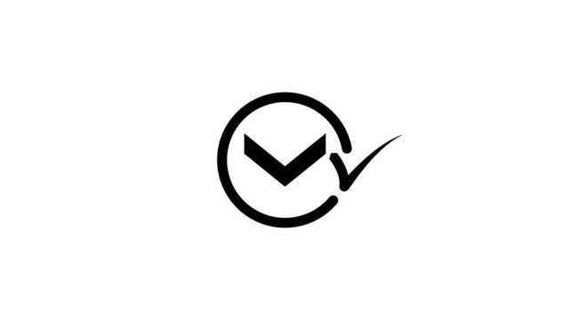 A motion graphic of a black checkmark appearing inside a circle on a white background.