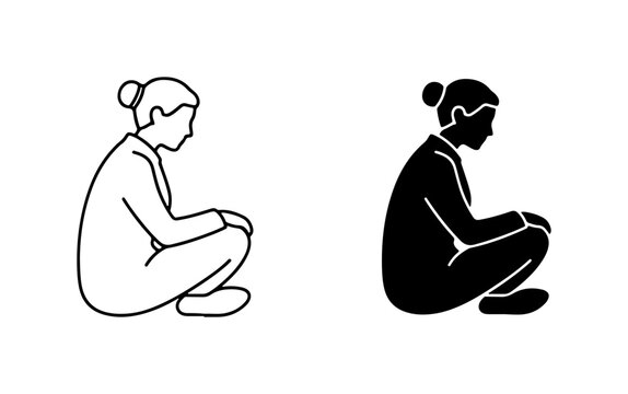 Minimalist Sitting Person Icons, Outline and Silhouette, Contemplative Pose, Vector Graphics