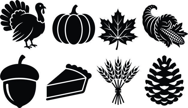 Autumn and Thanksgiving Silhouette Icons with Turkey, Pumpkin, Leaf, Cornucopia, Pie, Wheat, Acorn, Pine Cone
