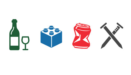 Fototapeta premium Set of waste sorting material icons including a wine bottle, plastic toy block, aluminum can, and metal nails.