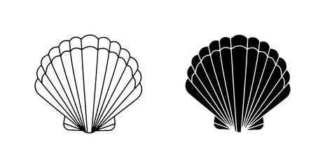 Scallop Shell Icons, Black and White Marine Life Vector Graphics, Oceanographic Symbol Set © Moniya