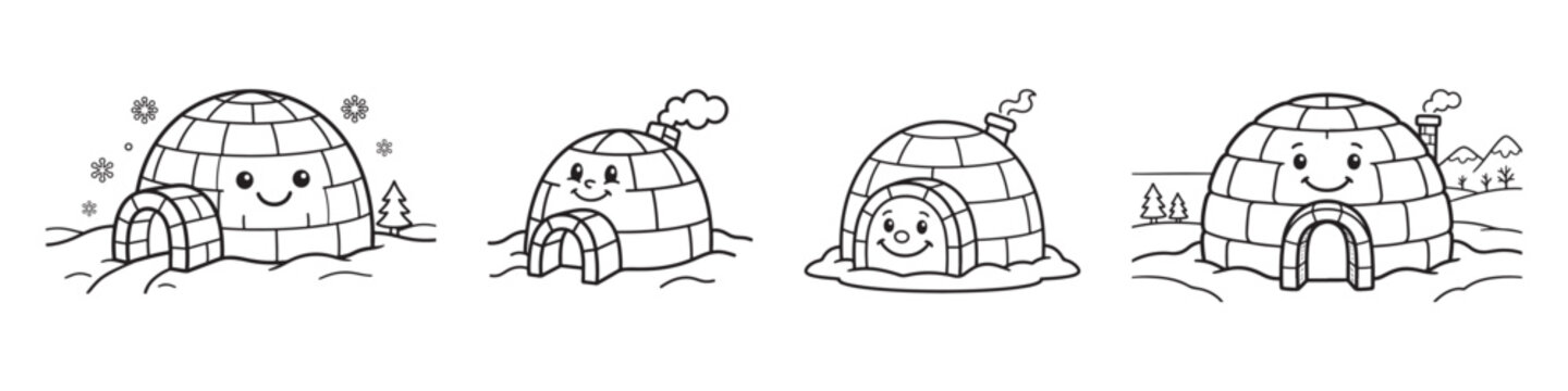 Kawaii igloo coloring page set, cute cartoon ice house characters with happy faces, arctic winter landscape line art for kids activity book