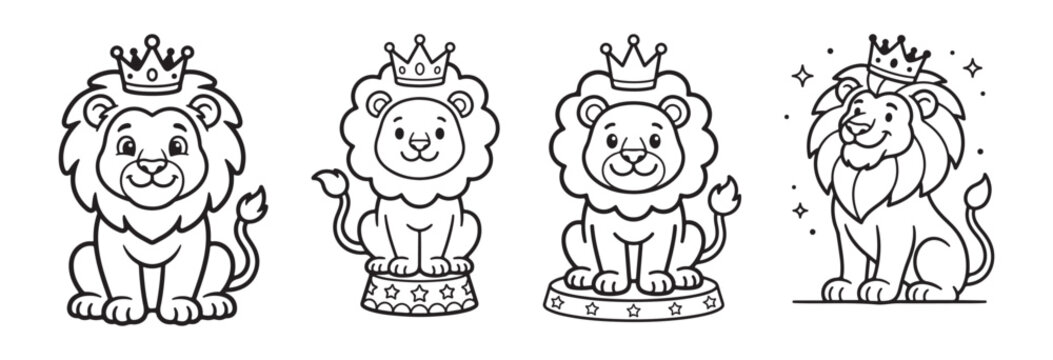 Cute lion king cartoon coloring page set, 4 vector line art illustrations of royal circus lions with crowns, black and white animal characters