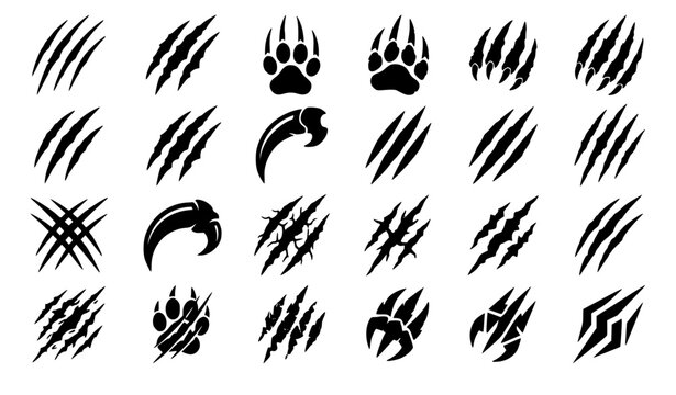 Wild Animal Claw Scratch Vector Set with Tiger Cat Bear Wolf Paw Slash Marks and Cracked Silhouette Symbols