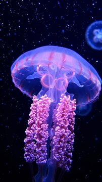 Translucent bioluminescent jellyfish pulsing gently in dark deep ocean water, glowing neon pink and blue hues, surrounded by tiny glowing particles, ethereal ocean life, underwater fantasy