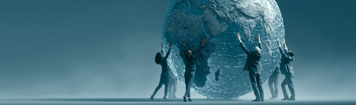 United Effort: Silhouettes of individuals collaboratively push a colossal boulder uphill, symbolizing immense challenge and shared determination. A stark.