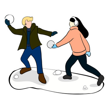 Christmas Winter Vector Illustration Of Young Couple Having Snowball Fight, Two People Playing Outdoors In Snow, Fun Holiday Activity Isolated On White Background For New Year Seasonal Design