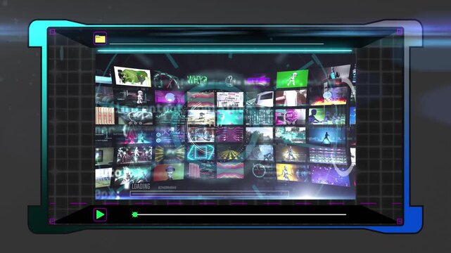 Futuristic sci-fi HUD media player user interface with digital video gallery overlay