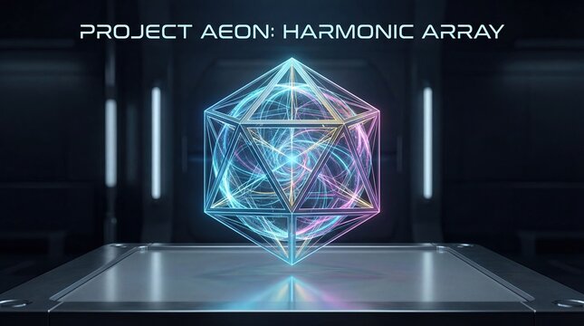 Futuristic holographic geometric cube projection named Project Aeon, glowing neon energy core inside wireframe dodecahedron on metallic platform in dark sci-fi laboratory enviro...