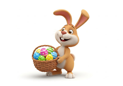 Happy brown bunny holding easter egg basket