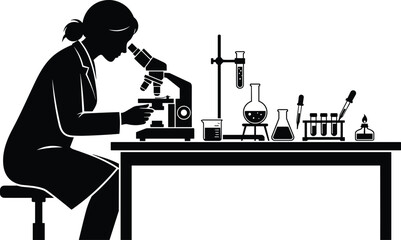 Fototapeta premium Black silhouette of a scientist woman looking through a microscope in a laboratory, chemistry research, science experiment icon design.