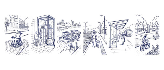 Fototapeta premium Accessible city infrastructure sketch concept showing inclusive urban public transport, wheelchair ramp, elevator, ferry boat, tactile pavement guide dog, bus stop, and bicycle path line drawings.