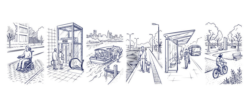 Accessible city infrastructure sketch concept showing inclusive urban public transport, wheelchair ramp, elevator, ferry boat, tactile pavement guide dog, bus stop, and bicycle path line drawings.