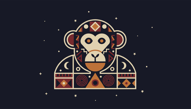 Tribal geometric style portrait of a monkey head in red, gold, and white colors against a dark starry sky.