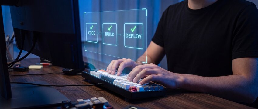 Person typing on keyboard with code build deploy virtual interface with programming development technology workspace computer software coding screen office man