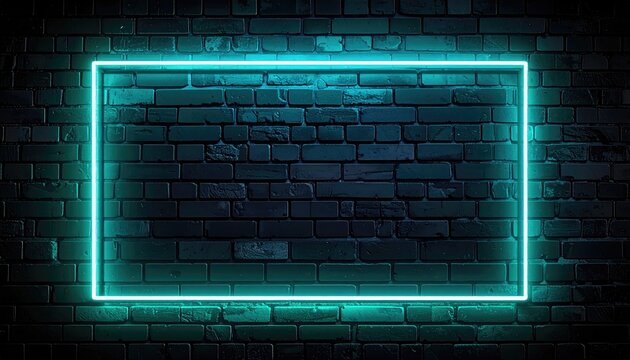 Aqua neon rectangle highlights a dark brick wall. Evokes urban mood and electric energy