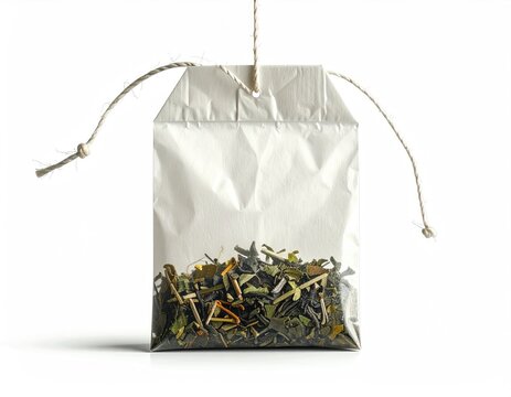 A single, translucent tea bag filled with loose leaf herbal blend on white