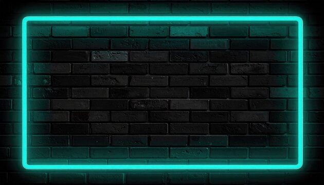 Teal glowing rectangle on dark brick wall background, for digital design elements and overlay effects, with depth