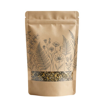 Brown kraft paper pouch bag with organic tea or dried herbal seeds