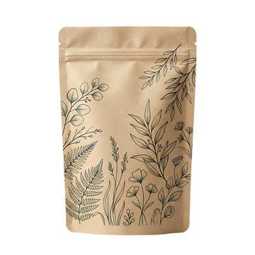Brown paper kraft pouch bag with black leafy plant pattern print for organic food packaging