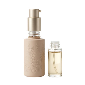 Beige cosmetic pump bottle and small glass vial with essential oil for skincare and beauty routine