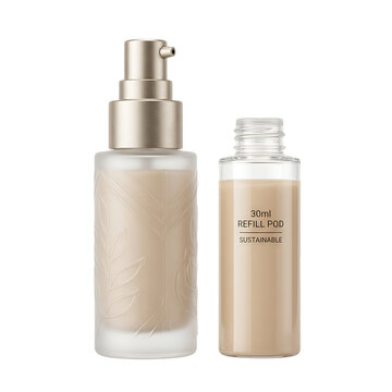 Two glass cosmetic bottles with liquid face foundation makeup and pump dispenser for skin care beauty routine