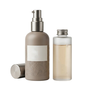 Two cosmetic bottles with pump and lotion for skincare products