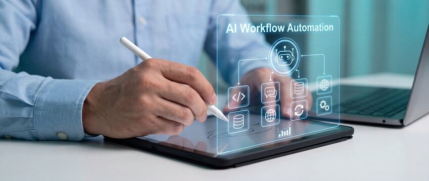 Man using stylus on tablet with ai workflow automation graphic overlay with sitting desk using productivity technology innovation efficiency computing interface robotics with business
