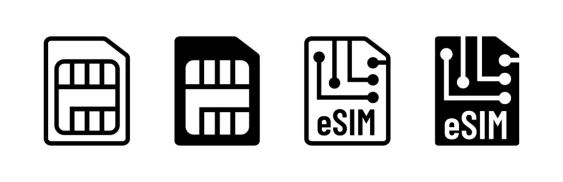 eSIM and physical SIM card icon set vector illustration, mobile cellular technology signs