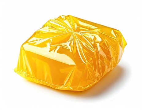 Shiny yellow object wrapped in crinkled plastic on a white background