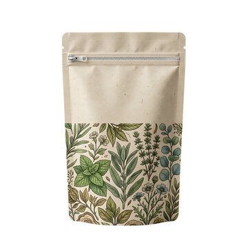 Craft paper pouch bag with organic herbal tea leaves pattern design