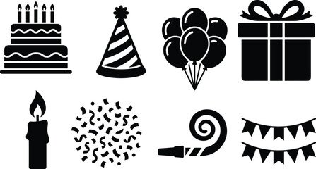 Fototapeta premium Party and Celebration Silhouette Icons with Cake, Hat, Balloons, Gift, Candle, Confetti, Blower, and Pennant Banners
