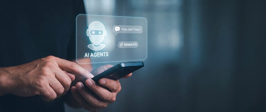 Person interacting with ai chatbot interface on smartphone screen with suit holding smartphone person business communication interaction technology innovation futuristic with assistant